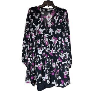 Sanctuary Women's XS Black Pink Floral Balloon Sleeve Tie Neck Dress Knee Length